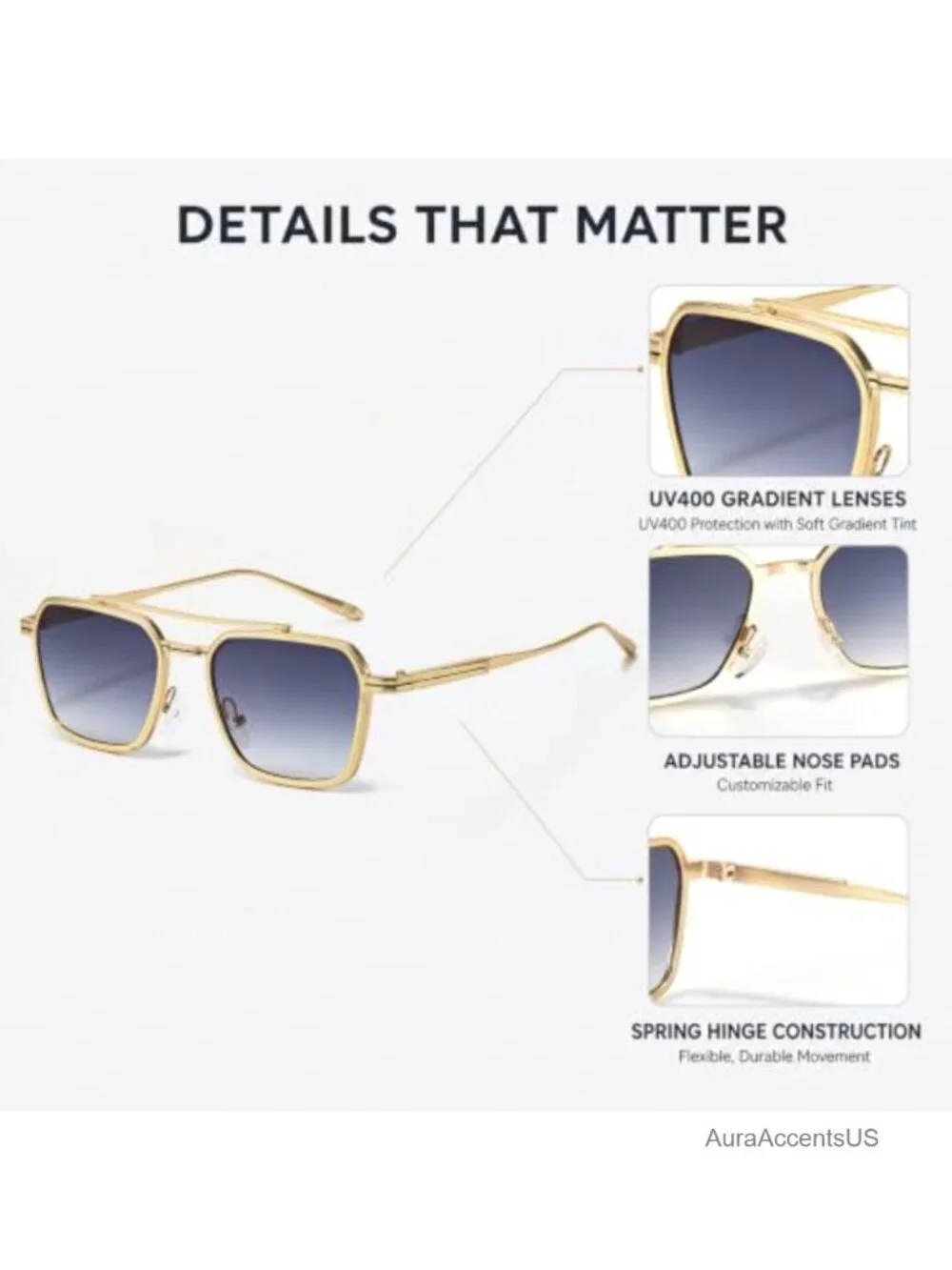 Retro Square Aviator Sunglasses Oversized Gold Metal Frame